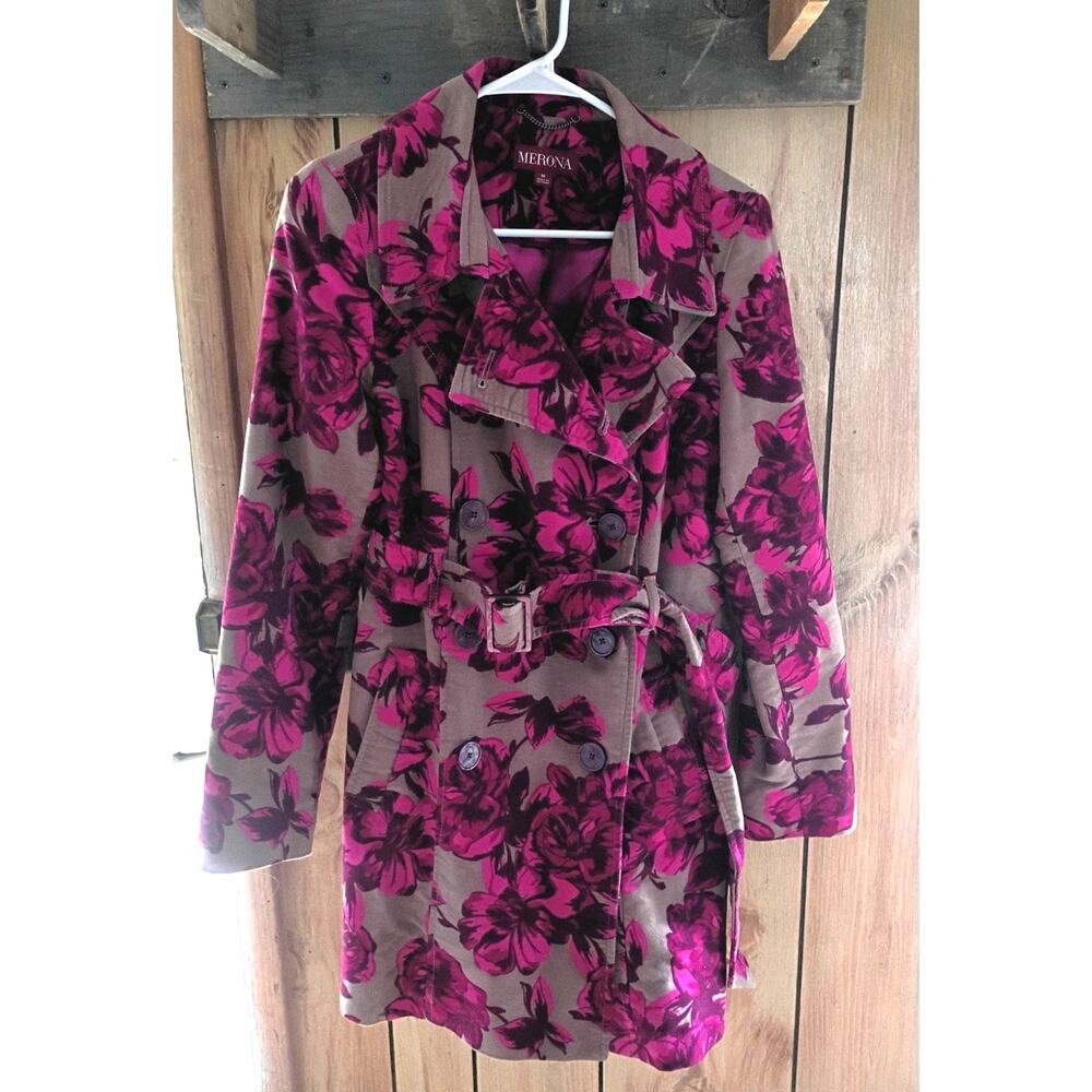 Retro Floral Statement Trench Coat Pink Fuchsia Belted Double Breasted Mod Med